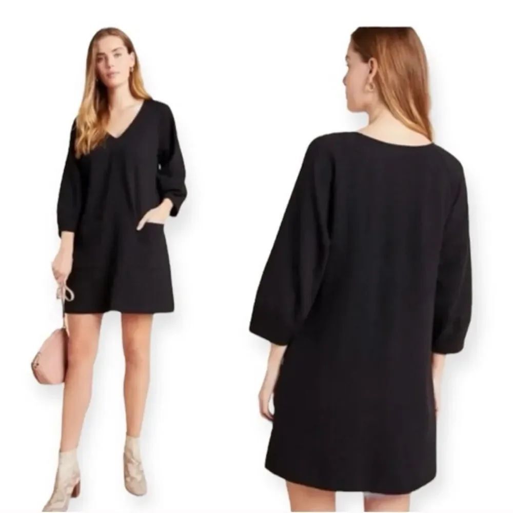 Maeve by Anthropologie Black V Neck Shift Dress Balloon Sleeve Minimalist